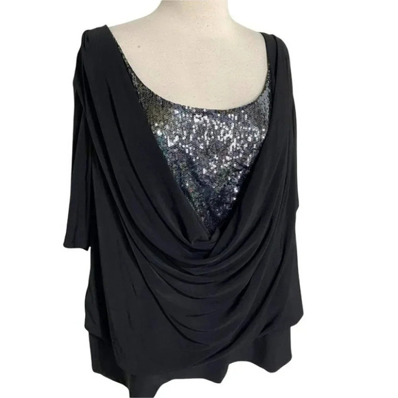 Collection Dress Barn 22/24 black draped neck silver sequined attached top - Picture 1 of 7